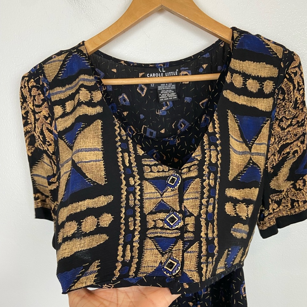Carole Little 90s Pleated Maxi Dress Sz 12 Tribal Boho Whimsigoth V-Neck VTG USA - Picture 4 of 12